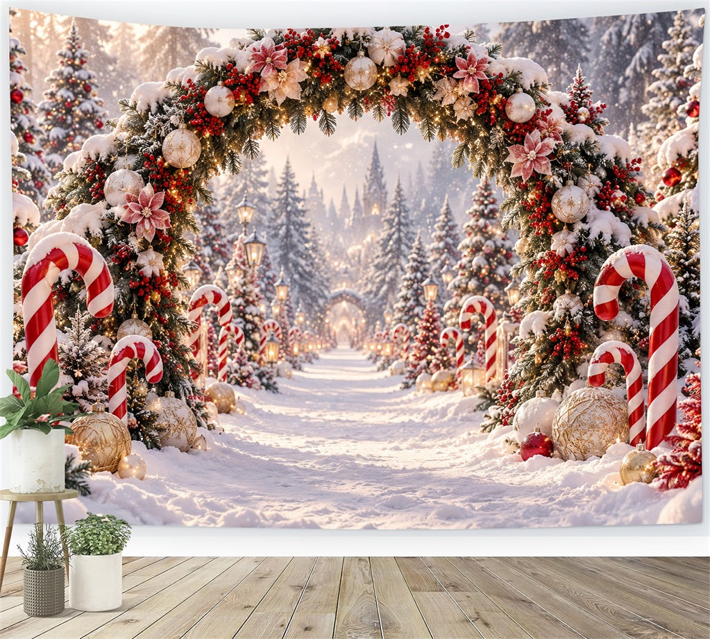Weihnachtlicher Fotohintergrund Floraler Zuckerstangen-Torbogen LXX610-175