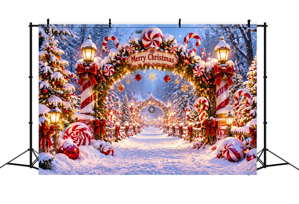 Weihnachtlicher Zuckerstangen-Hintergrund Pfefferminzkranz Verschneites Tor LXX610-176