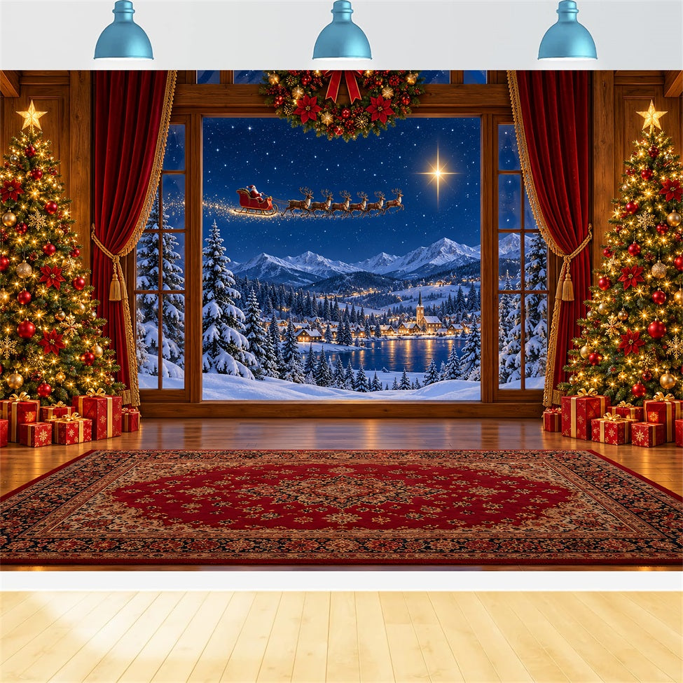 Weihnachtlicher Santa-Hintergrund Fenster Schlitten Winterdorf LXX610-183