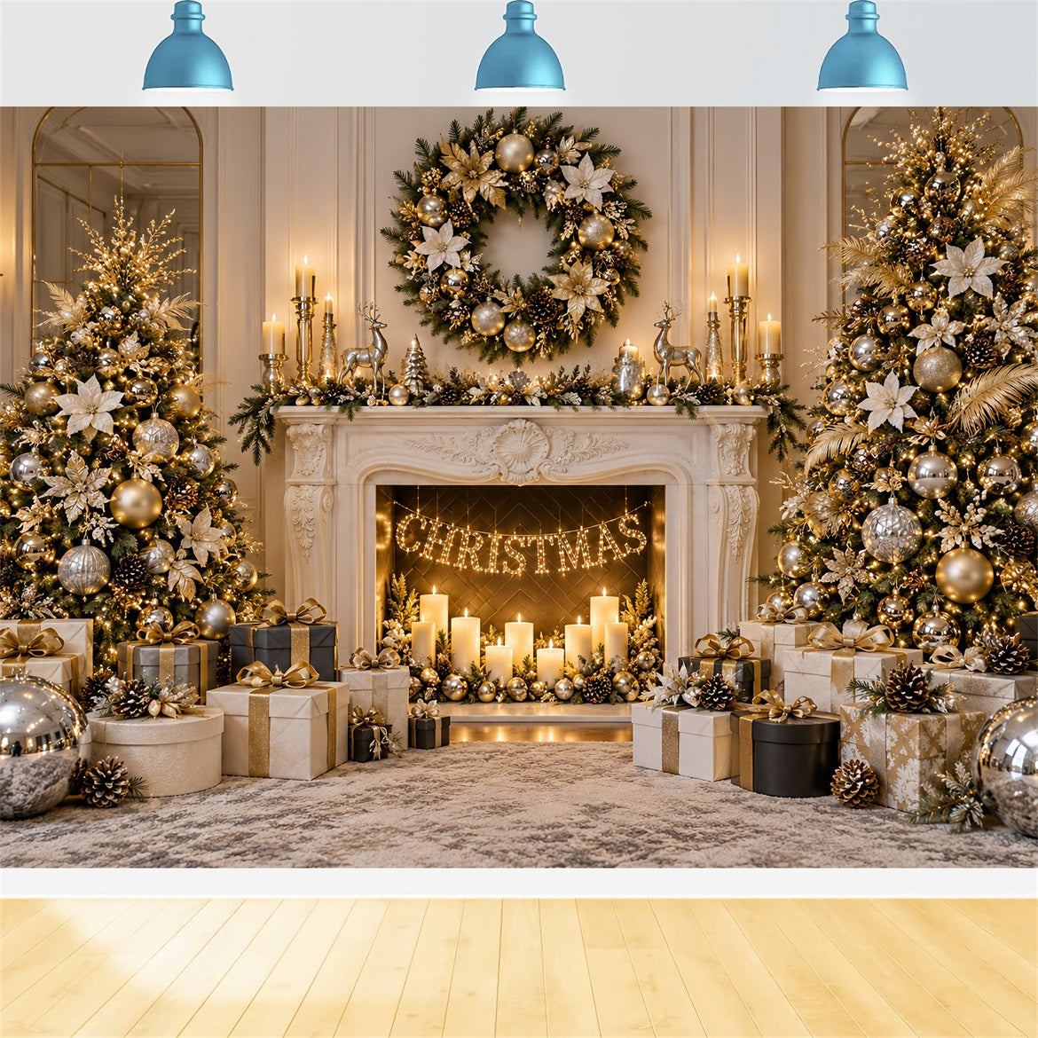Weihnachtlicher Fotohintergrund Elfenbein-Goldener Kamin Eleganz LXX610-184
