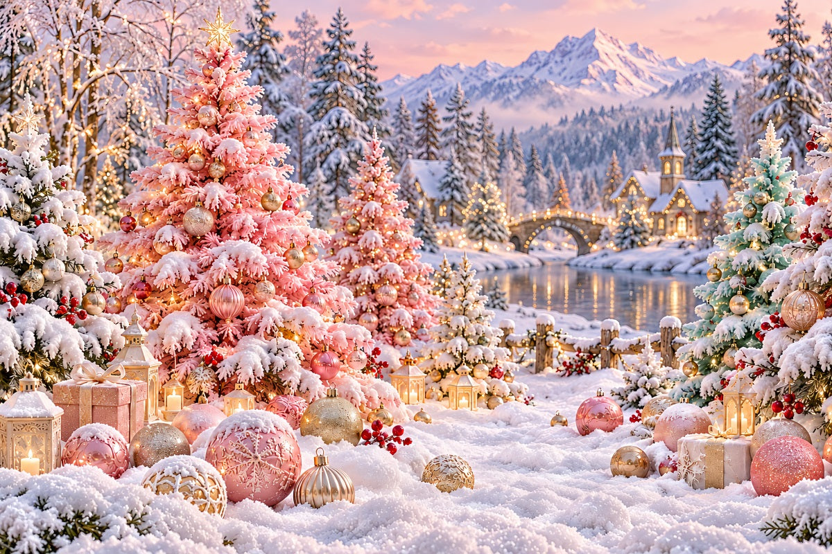 Weihnachtsbaum-Hintergrund Zartrosa Verschneites Dorf Bühnenkulisse LXX610-185