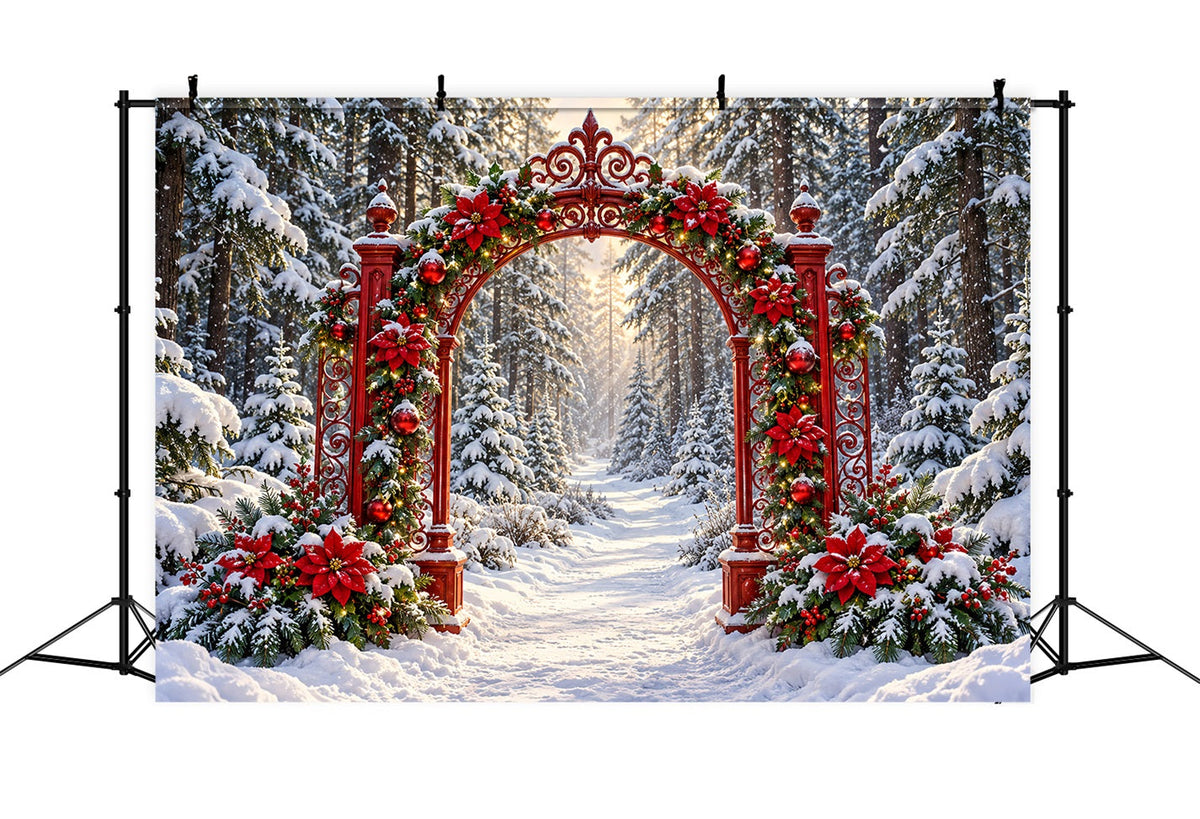 Verschneiter Weihnachtshintergrund Rote Weihnachtssternblumen Waldtorbogen LXX610-187