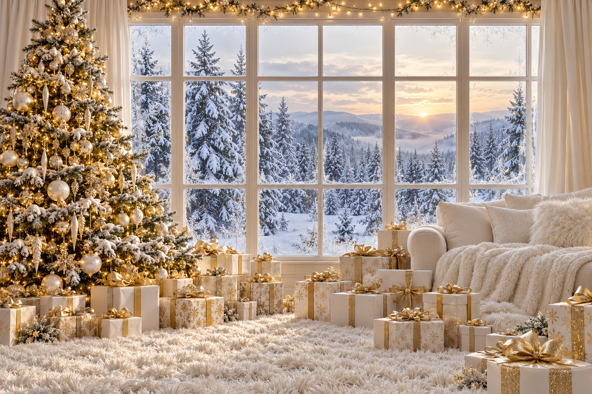 Weißer Weihnachtshintergrund Elfenbein-Goldenes Fenster Winteridylle LXX610-188