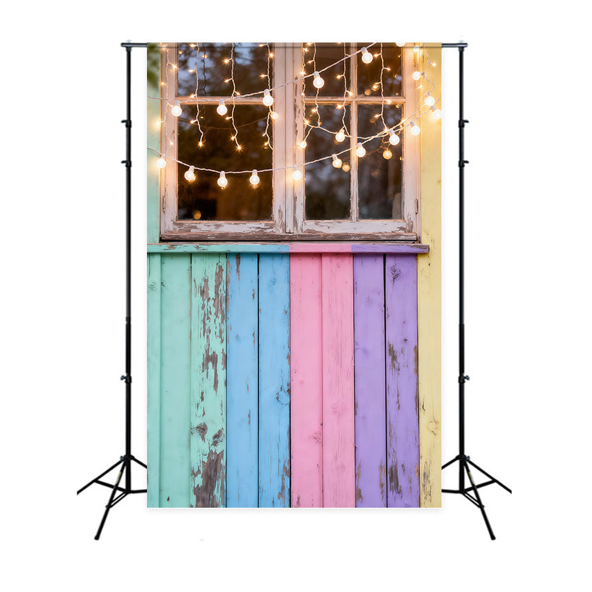 Oster-Sonntag-Fotokulisse Pastellfarbenes Holzfenster Lichterkette Oster-Fotokulisse LXX62-56