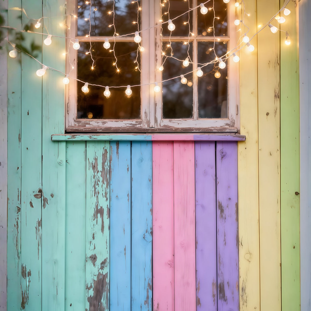 Oster-Sonntag-Fotokulisse Pastellfarbenes Holzfenster Lichterkette Oster-Fotokulisse LXX62-56