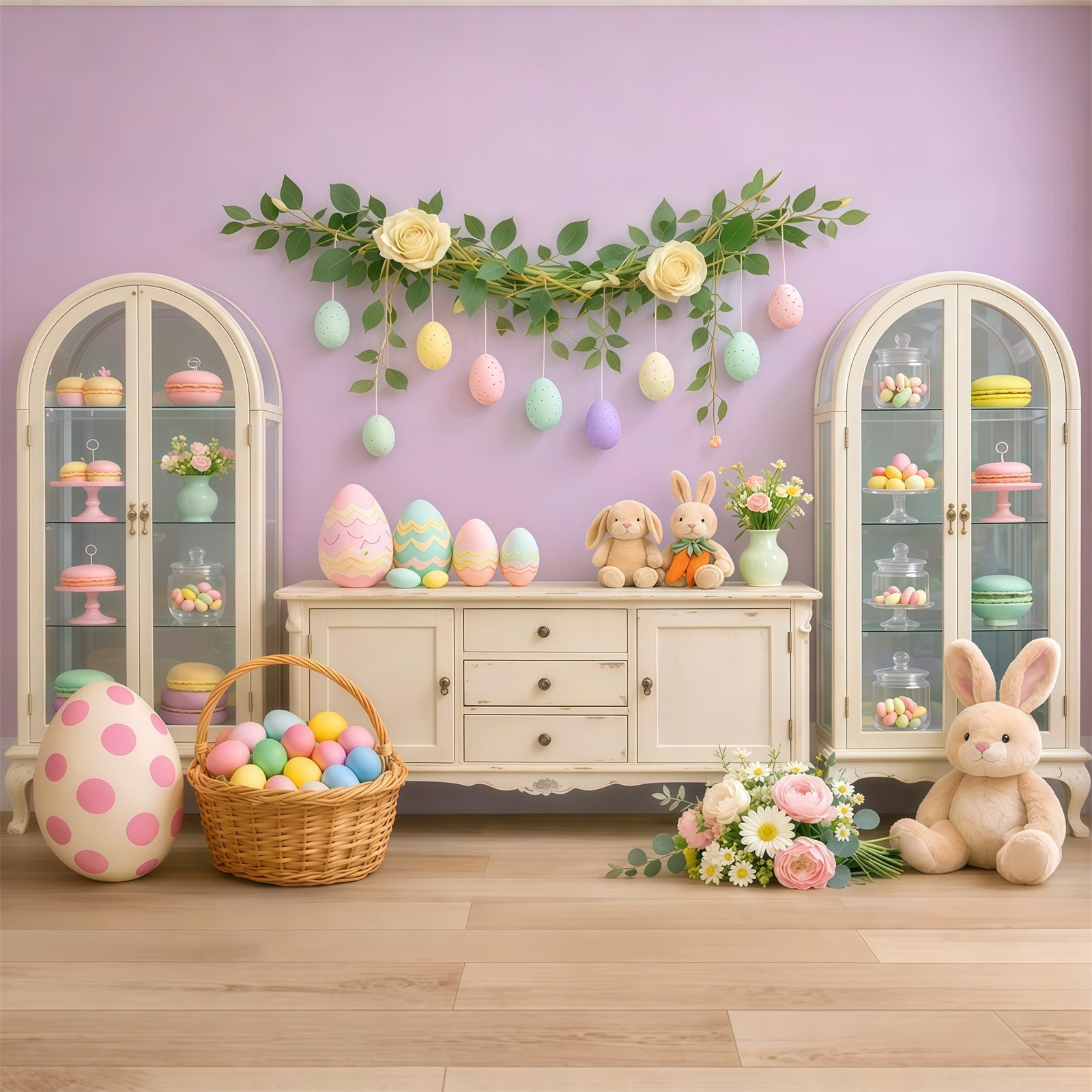 Süßer Oster-Hintergrund Pastellfarbener Bonbon-Schrank Eier-Display-Hintergrund für Osterbilder LXX62-62