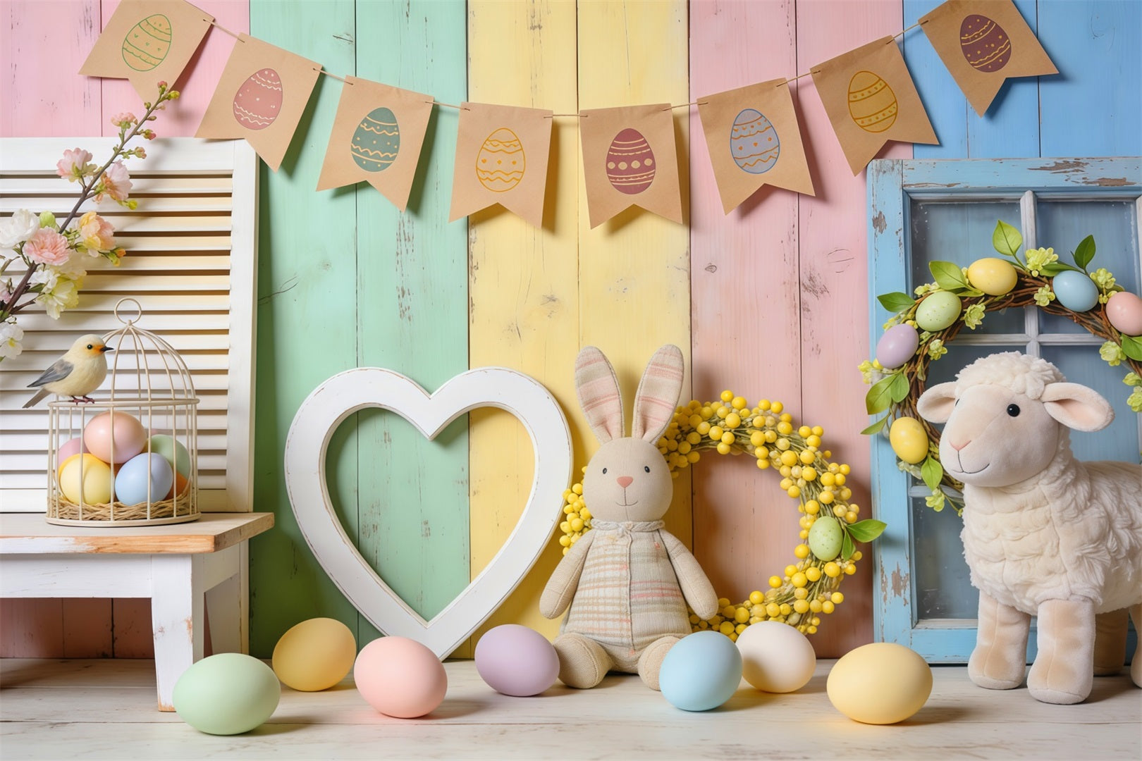 Ideen für Oster-Sonntags-Hintergründe Pastellfarbene Holzherzen Hasen-Dekoration Fotohintergründe für Ostern LXX62-74