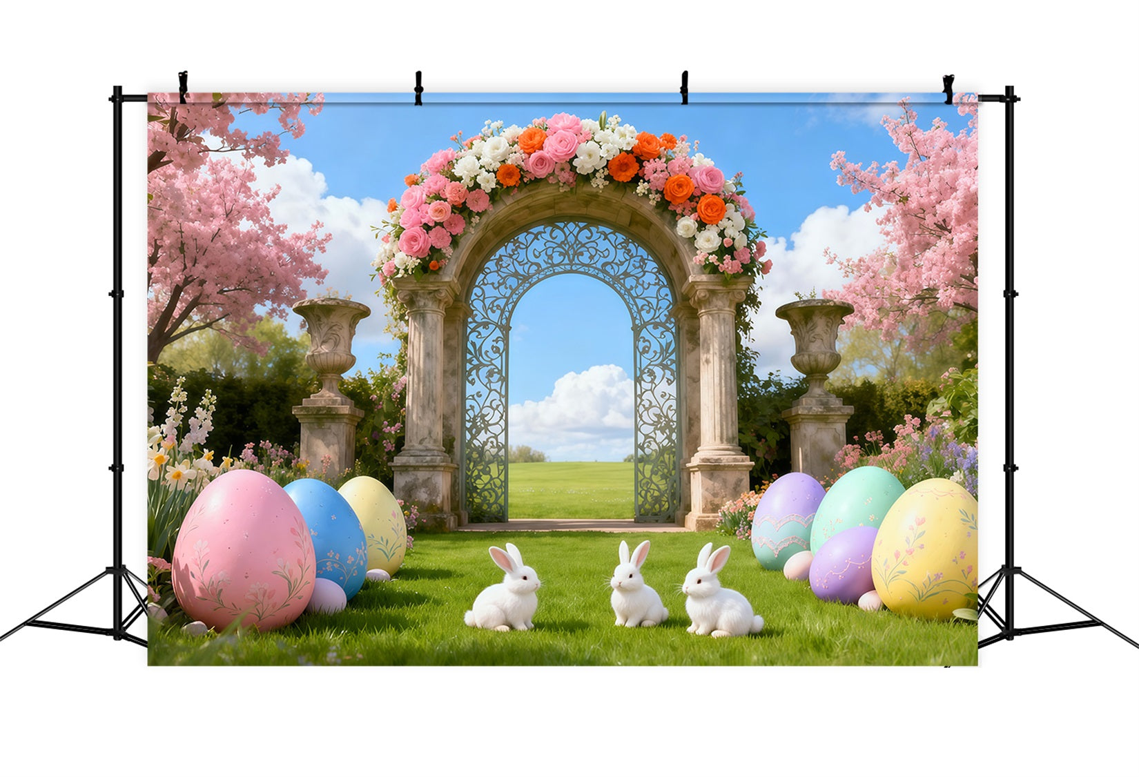 Fotografie Osterhase-Hintergrund Kirschblüten-Gartenbogen Oster-Themenhintergrund LXX62-81