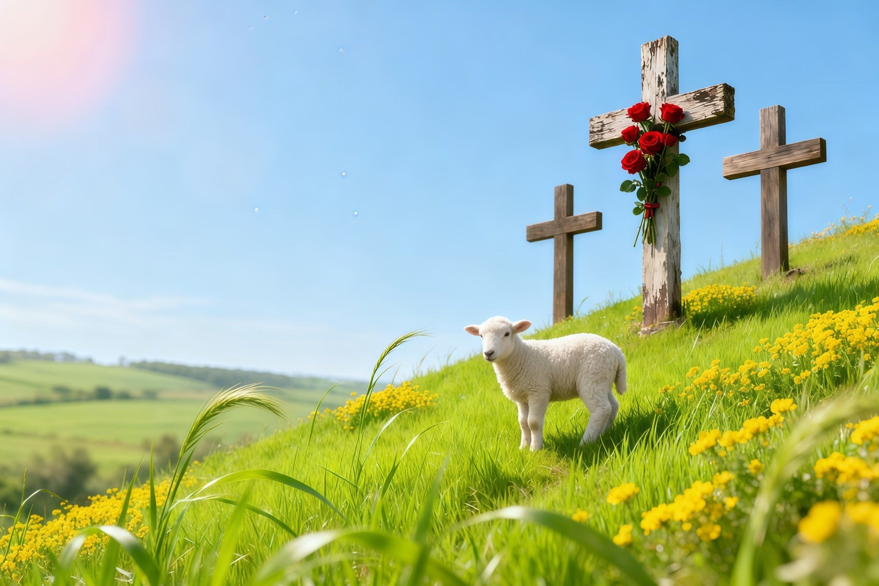 Kirchenhintergrund für Ostern Frühlingswiese Lamm Drei Kreuze Oster-Hintergründe LXX62-84