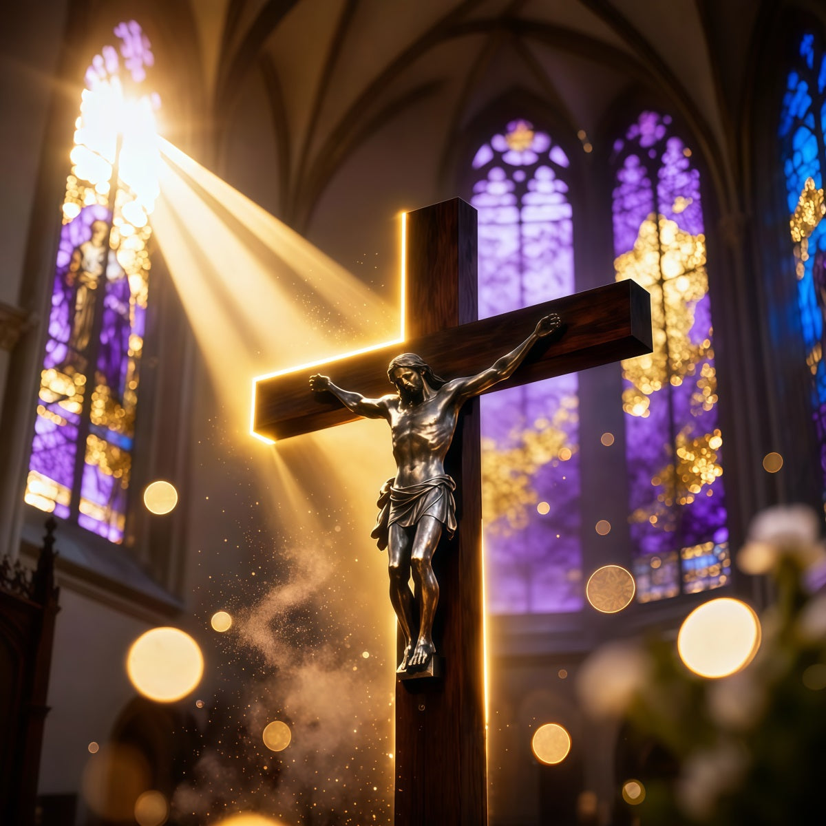 Christliche Oster-Fotokulissen Goldenes Licht Kathedrale Kruzifix Fotoshooting Osterkulisse LXX62-86