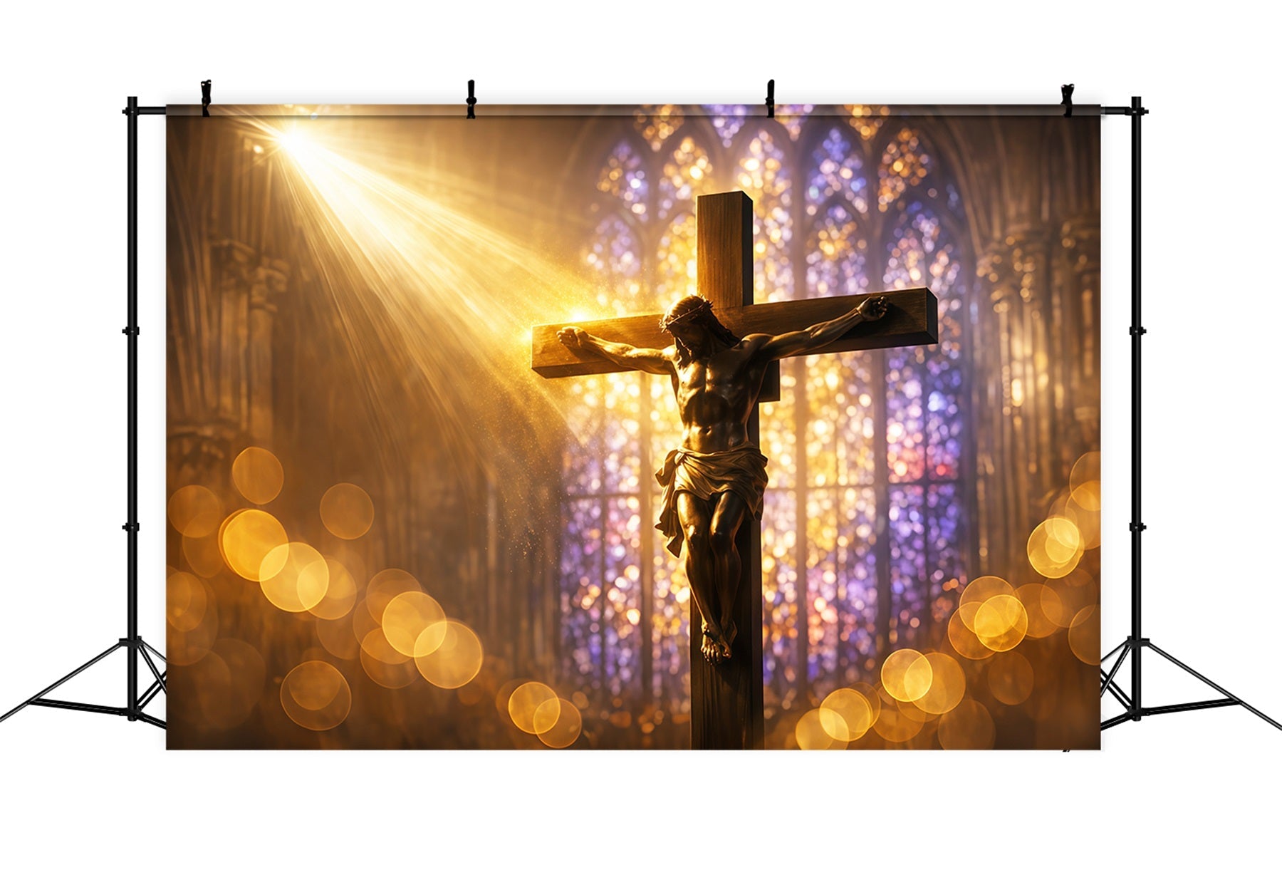 Christliche Oster-Fotokulissen Strahlendes Buntglasfenster Kruzifix Fotoshooting Osterkulisse LXX62-87