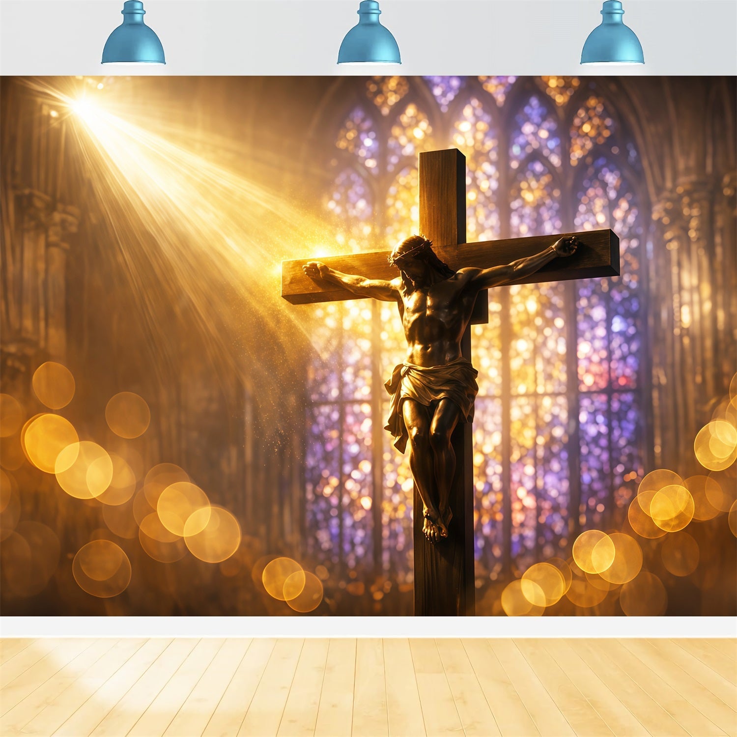 Christliche Oster-Fotokulissen Strahlendes Buntglasfenster Kruzifix Fotoshooting Osterkulisse LXX62-87