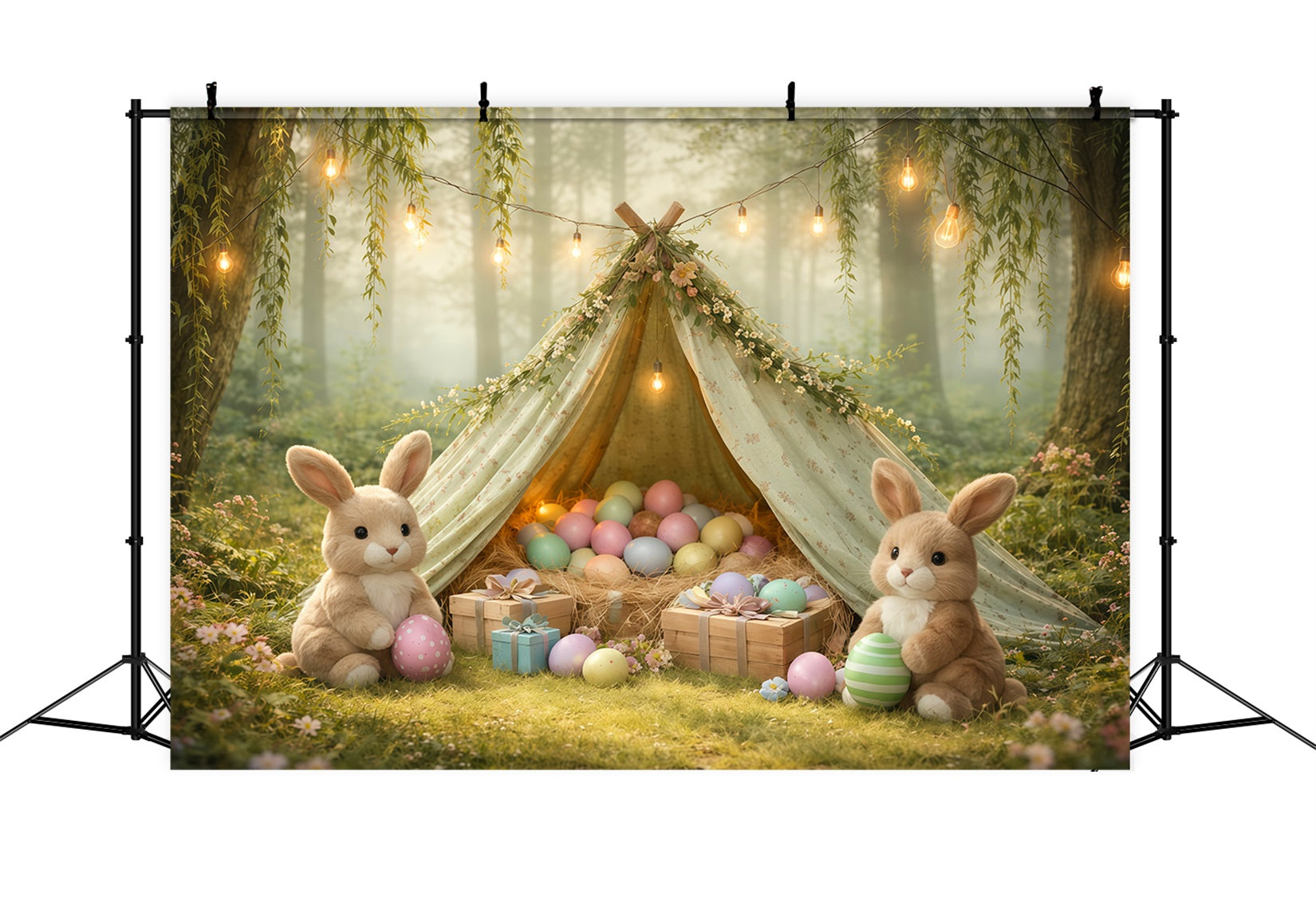 Hintergrund mit Hasen Nebelwald Weidenbaum Eier Tipi Osterbilder Hintergrund LXX62-90