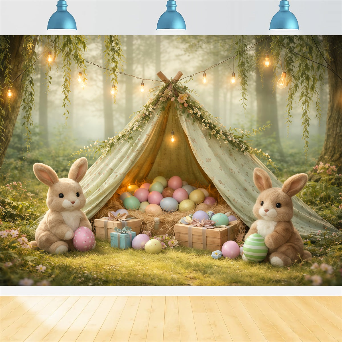 Hintergrund mit Hasen Nebelwald Weidenbaum Eier Tipi Osterbilder Hintergrund LXX62-90