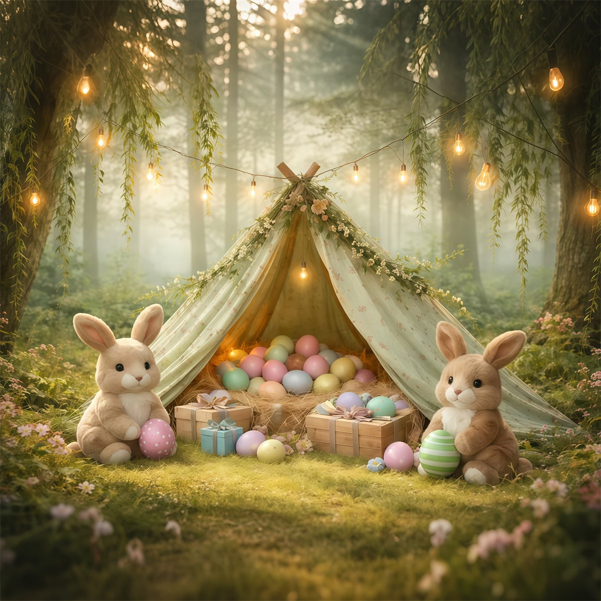 Hintergrund mit Hasen Nebelwald Weidenbaum Eier Tipi Osterbilder Hintergrund LXX62-90