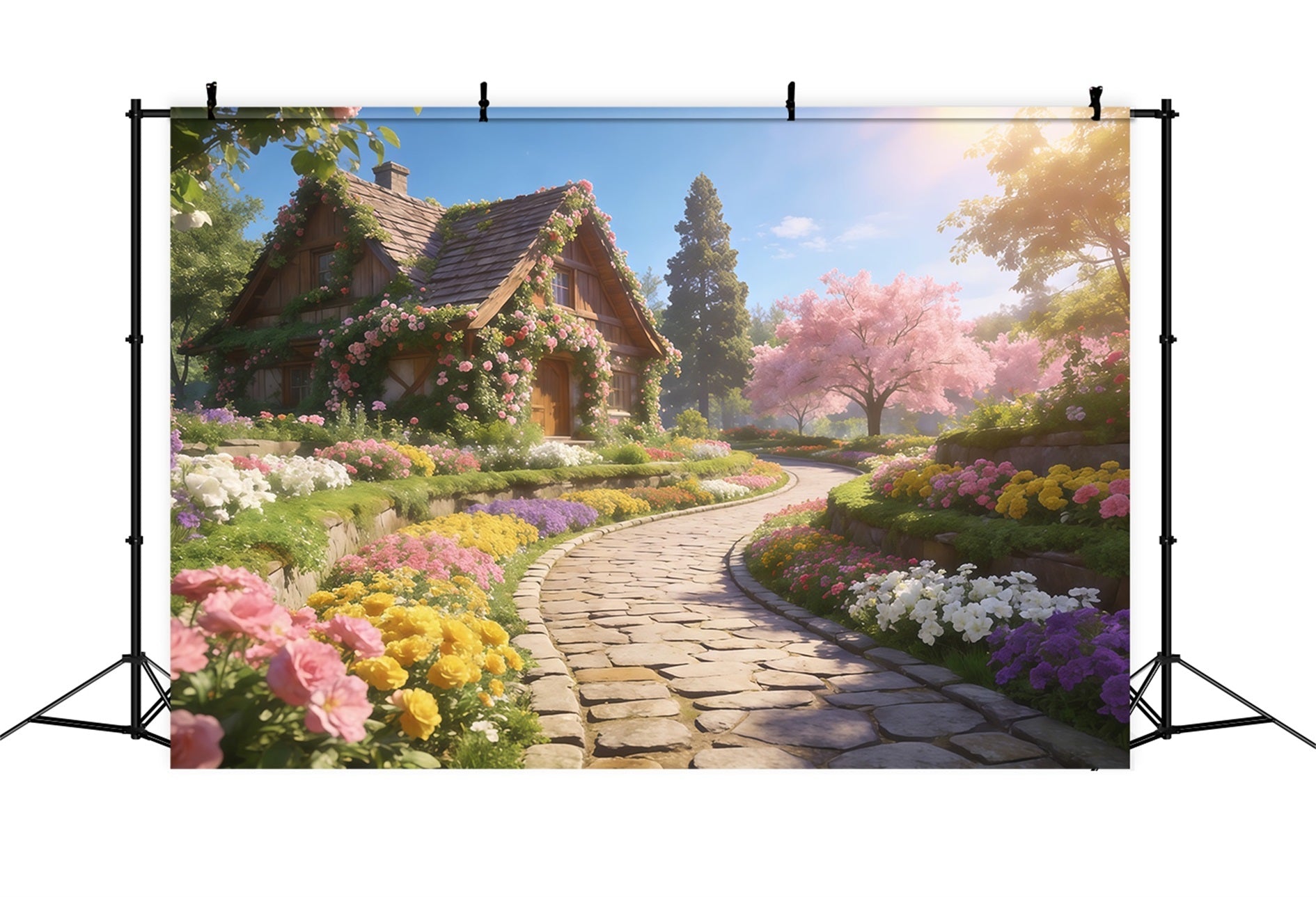 Romantisches Landhaus Muttertag-Hintergrund Frühlingsblumenweg Sonnenschein Froher Muttertag-Hintergrund LXX63-15