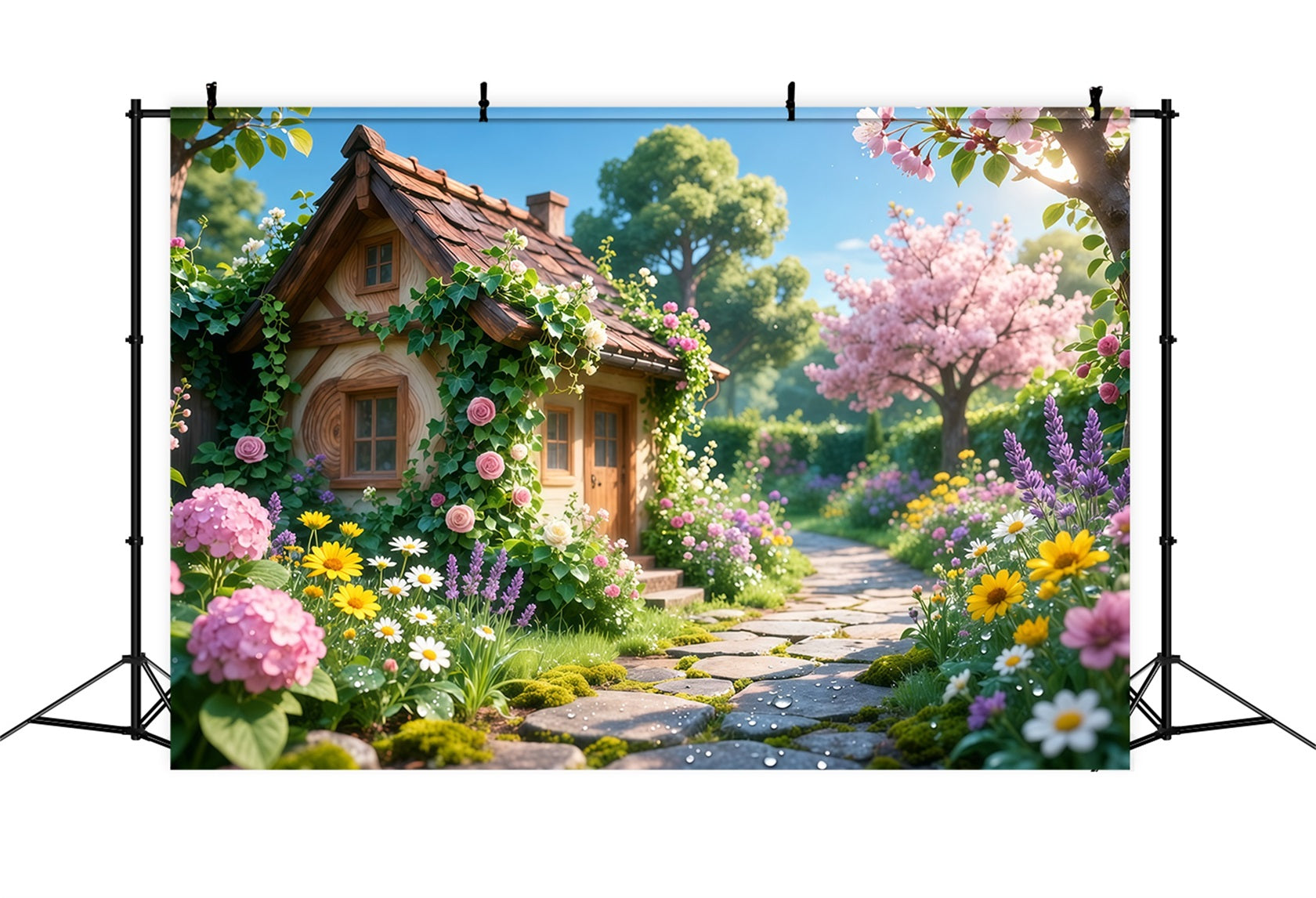 Romantisches Landhaus Muttertag-Hintergrund Charmante Blüten Steinweg Alles Gute zum Muttertag-Hintergrund LXX63-16