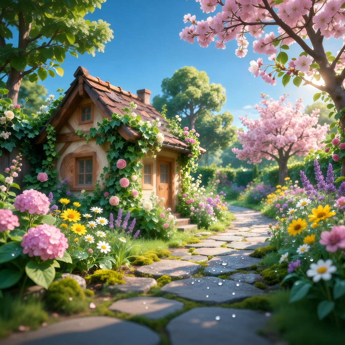Romantisches Landhaus Muttertag-Hintergrund Charmante Blüten Steinweg Alles Gute zum Muttertag-Hintergrund LXX63-16