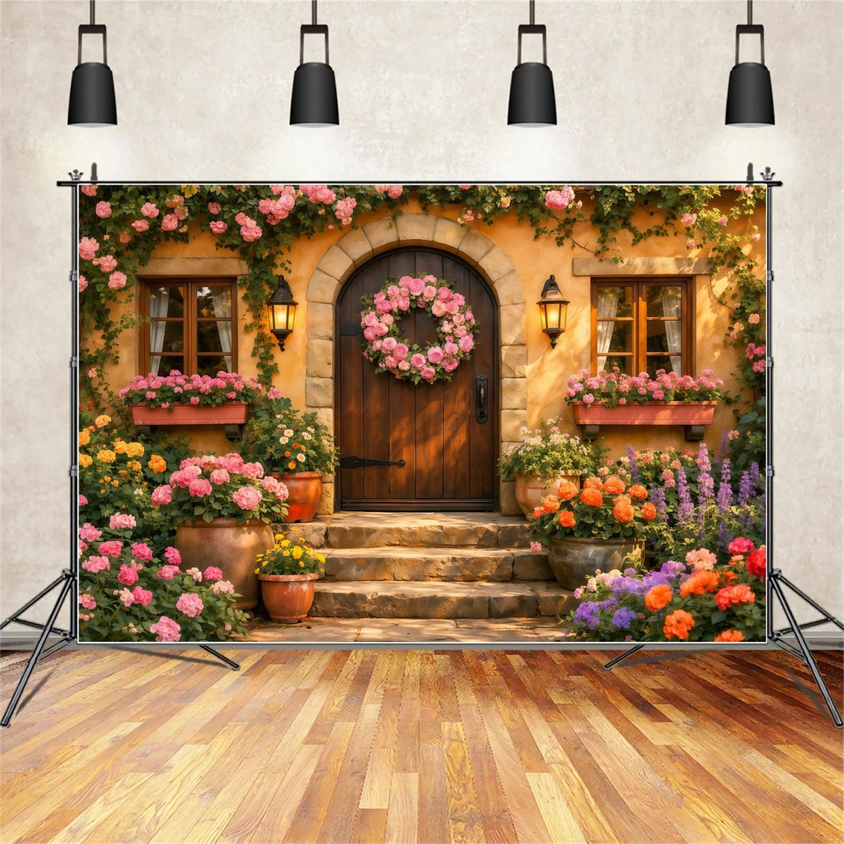 Romantisches Landhaus Muttertag-Hintergrund Blumenkranz Tür Laterne Alles Gute zum Muttertag-Hintergrund LXX63-18