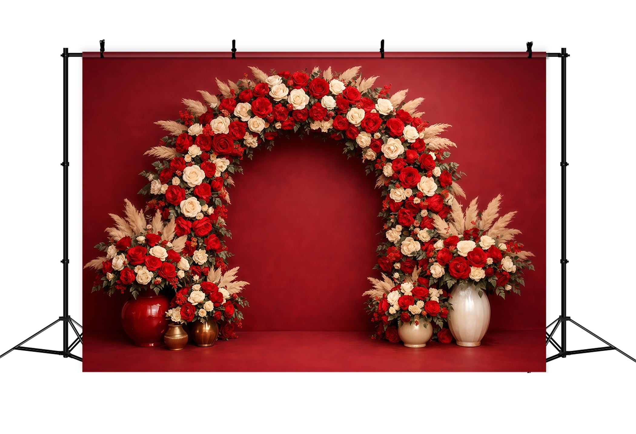 Blumenbogen Muttertag-Hintergrund Elegante Wand Rote Elfenbeinrose Muttertag-Hintergrundideen LXX63-19