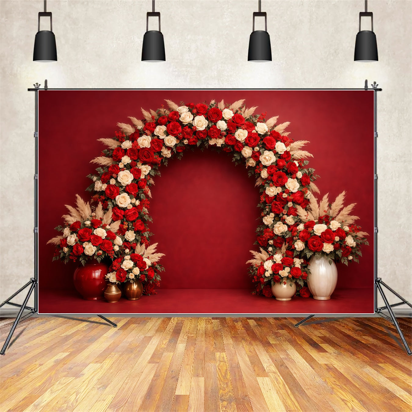 Blumenbogen Muttertag-Hintergrund Elegante Wand Rote Elfenbeinrose Muttertag-Hintergrundideen LXX63-19