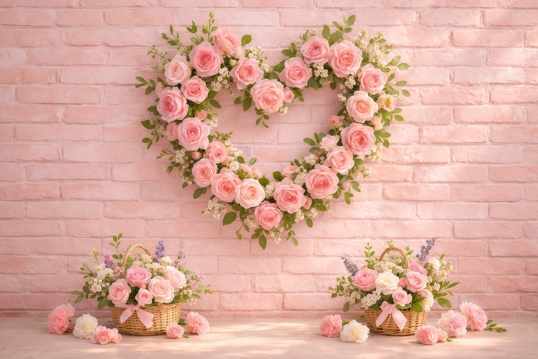 Rosa Backsteinmauer-Hintergrund für den Muttertag Rosenherz-Kranz-Korb – Ideen für Muttertags-Fotohintergründe LXX63-23