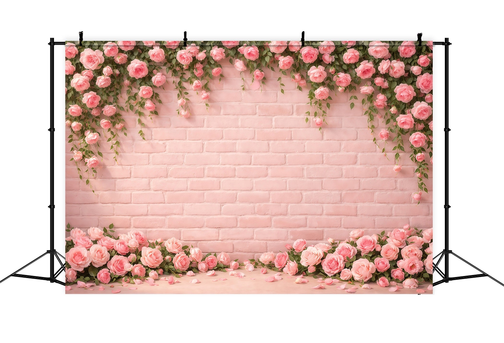 Hintergrund für den Muttertag mit rosa Backsteinmauer, Rosenblütenrand und Blütenblättern – Ideen für Fotohintergründe zum Muttertag LXX63-24