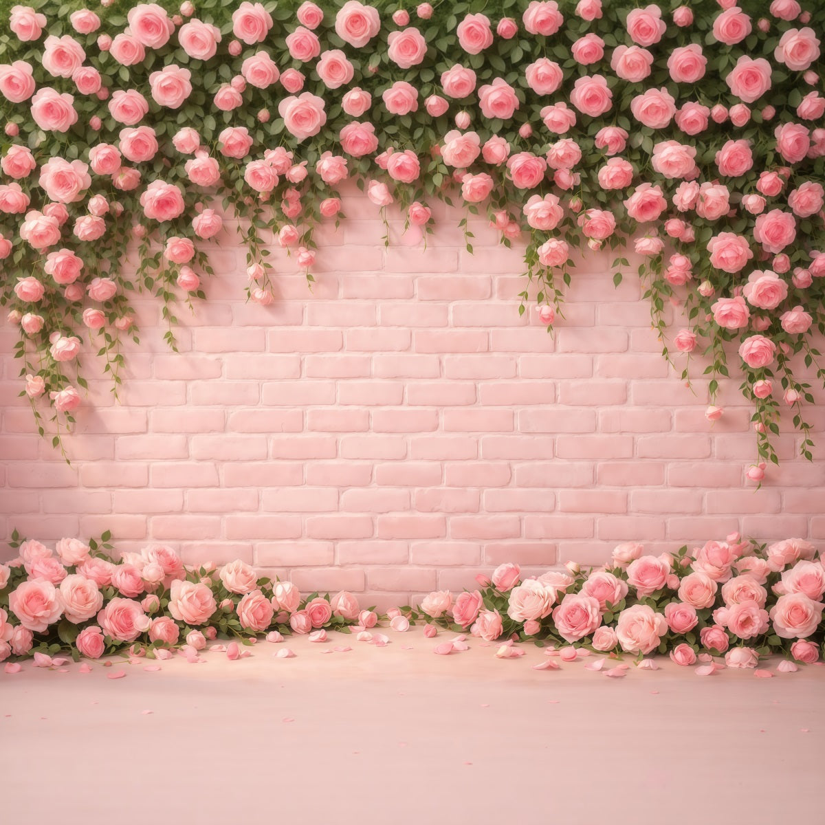 Hintergrund für den Muttertag mit rosa Backsteinmauer, Rosenblütenrand und Blütenblättern – Ideen für Fotohintergründe zum Muttertag LXX63-24