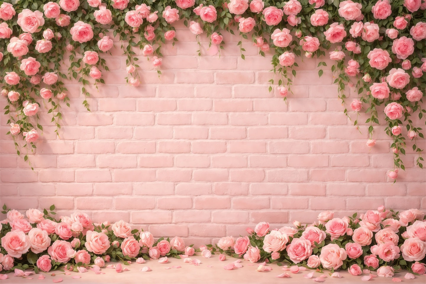 Hintergrund für den Muttertag mit rosa Backsteinmauer, Rosenblütenrand und Blütenblättern – Ideen für Fotohintergründe zum Muttertag LXX63-24