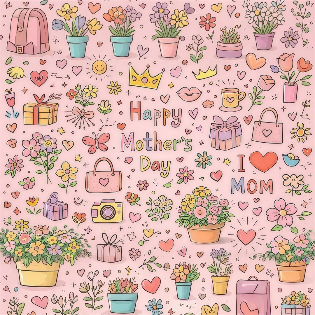 Hintergrund für den Muttertag mit Buchstaben „Mom“ und niedlichem Doodle-Blumenmuster – Hintergrund für Geschenke zum Muttertag LXX63-26
