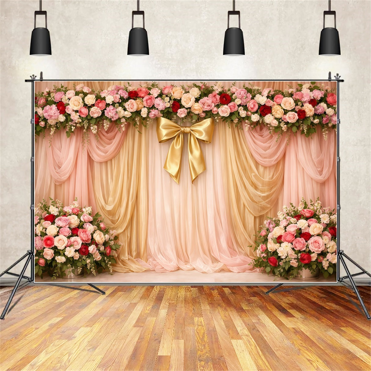 Rosa-Gold-Romantik Muttertag-Hintergrund Rosa-Gold-drapierte Blumen-Schleifen-Hintergründe für den Muttertag LXX63-29
