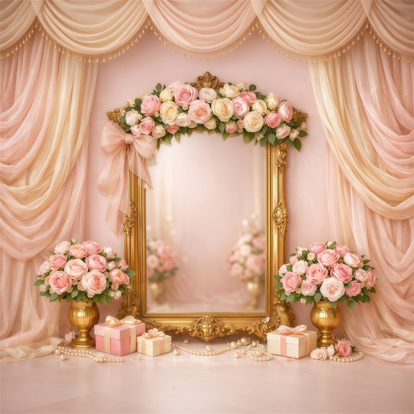 Rosa-Gold-Romantik Muttertag-Hintergrund Luxusrahmen mit Blumen-Geschenk Muttertag-Hintergründe LXX63-31