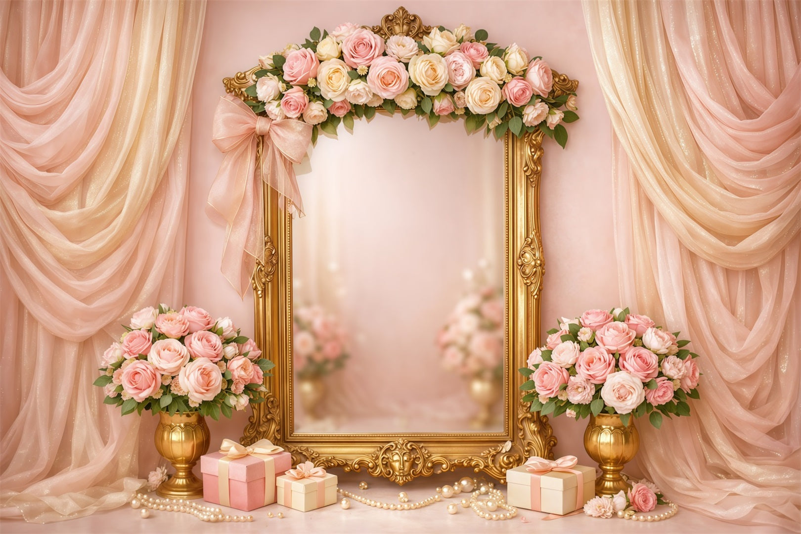 Rosa-Gold-Romantik Muttertag-Hintergrund Luxusrahmen mit Blumen-Geschenk Muttertag-Hintergründe LXX63-31