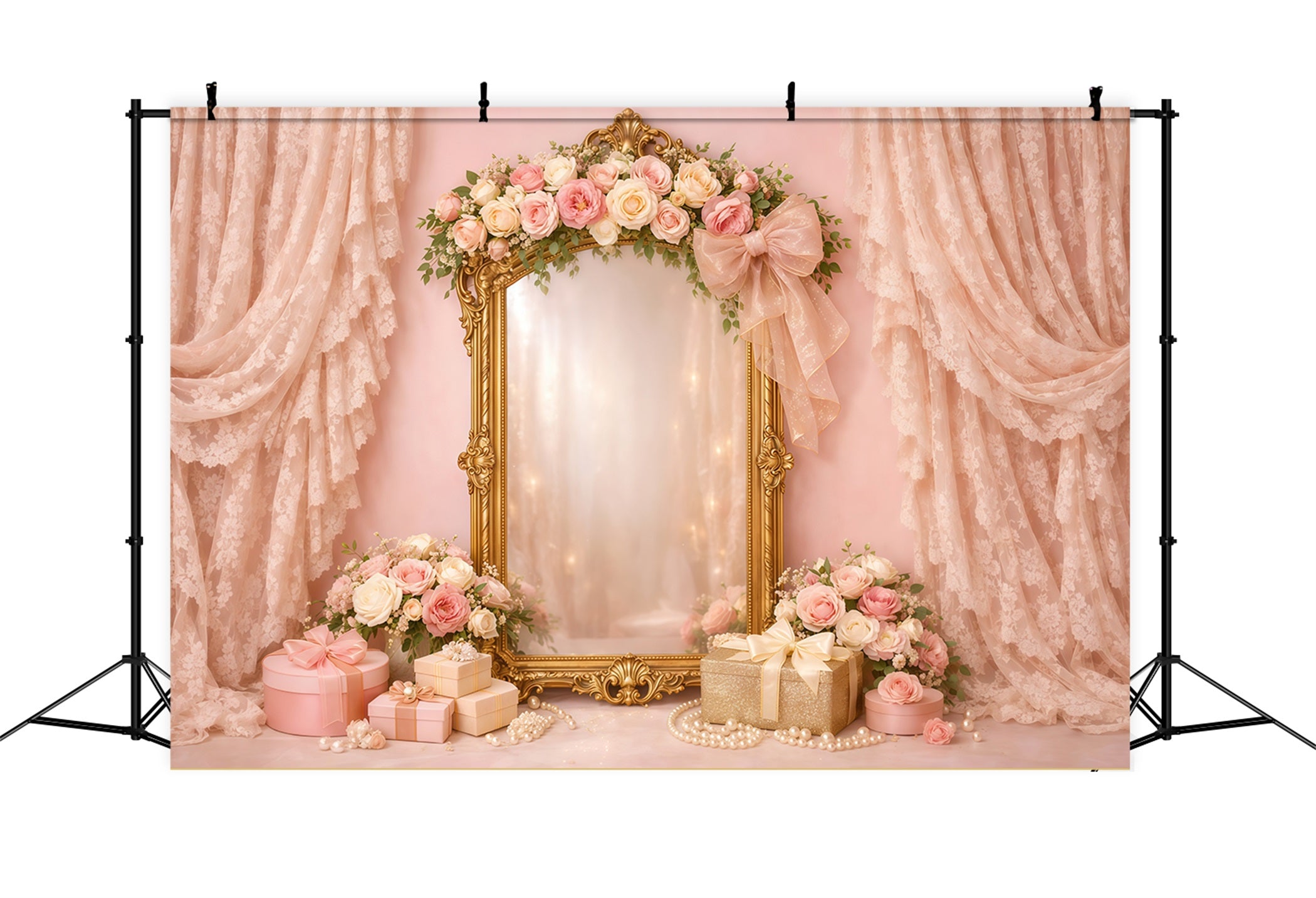 Rosa-Gold-Romantik Muttertag-Hintergrund Vintage-Spiegel mit Spitze und Blumen-Geschenk Muttertag-Hintergründe LXX63-32