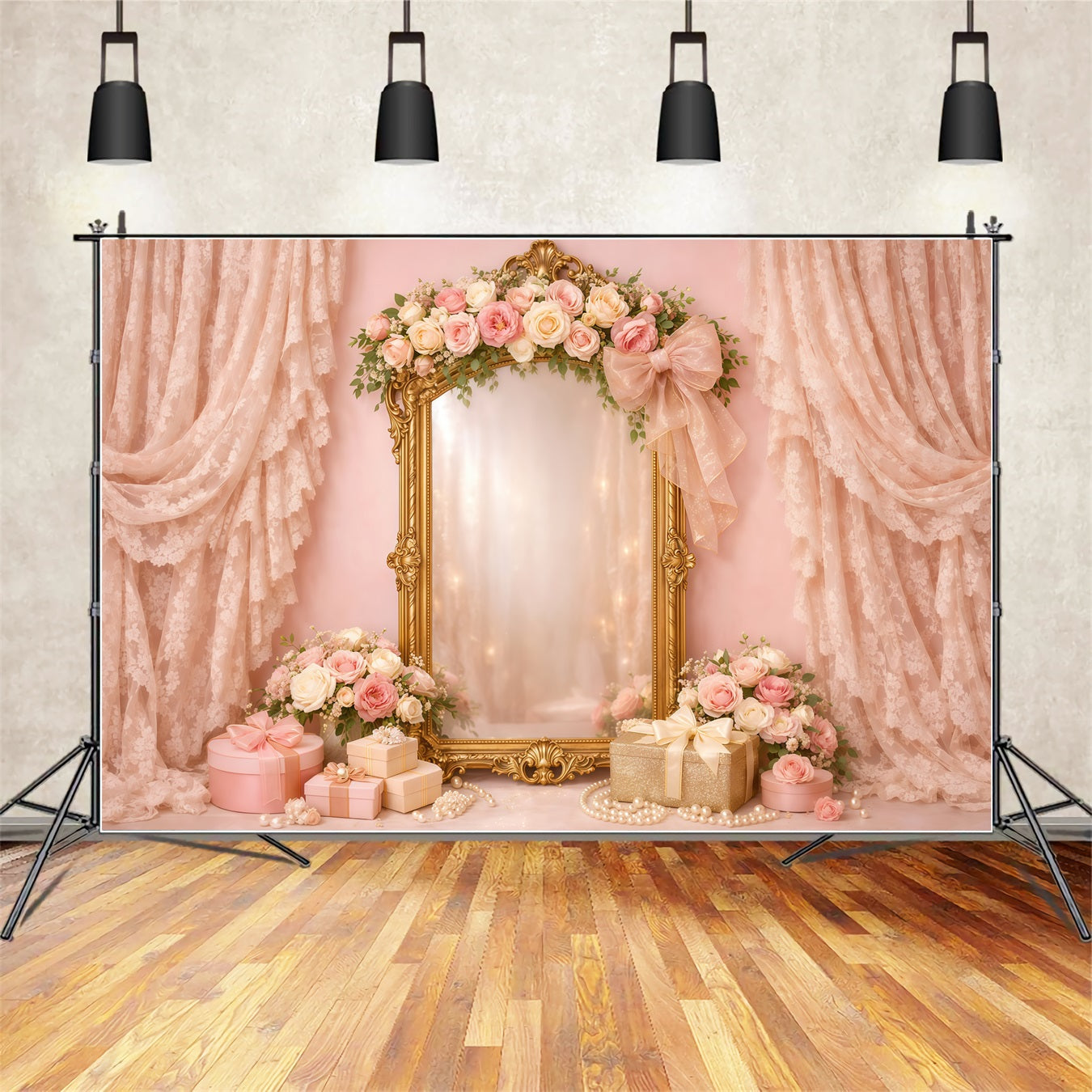 Rosa-Gold-Romantik Muttertag-Hintergrund Vintage-Spiegel mit Spitze und Blumen-Geschenk Muttertag-Hintergründe LXX63-32