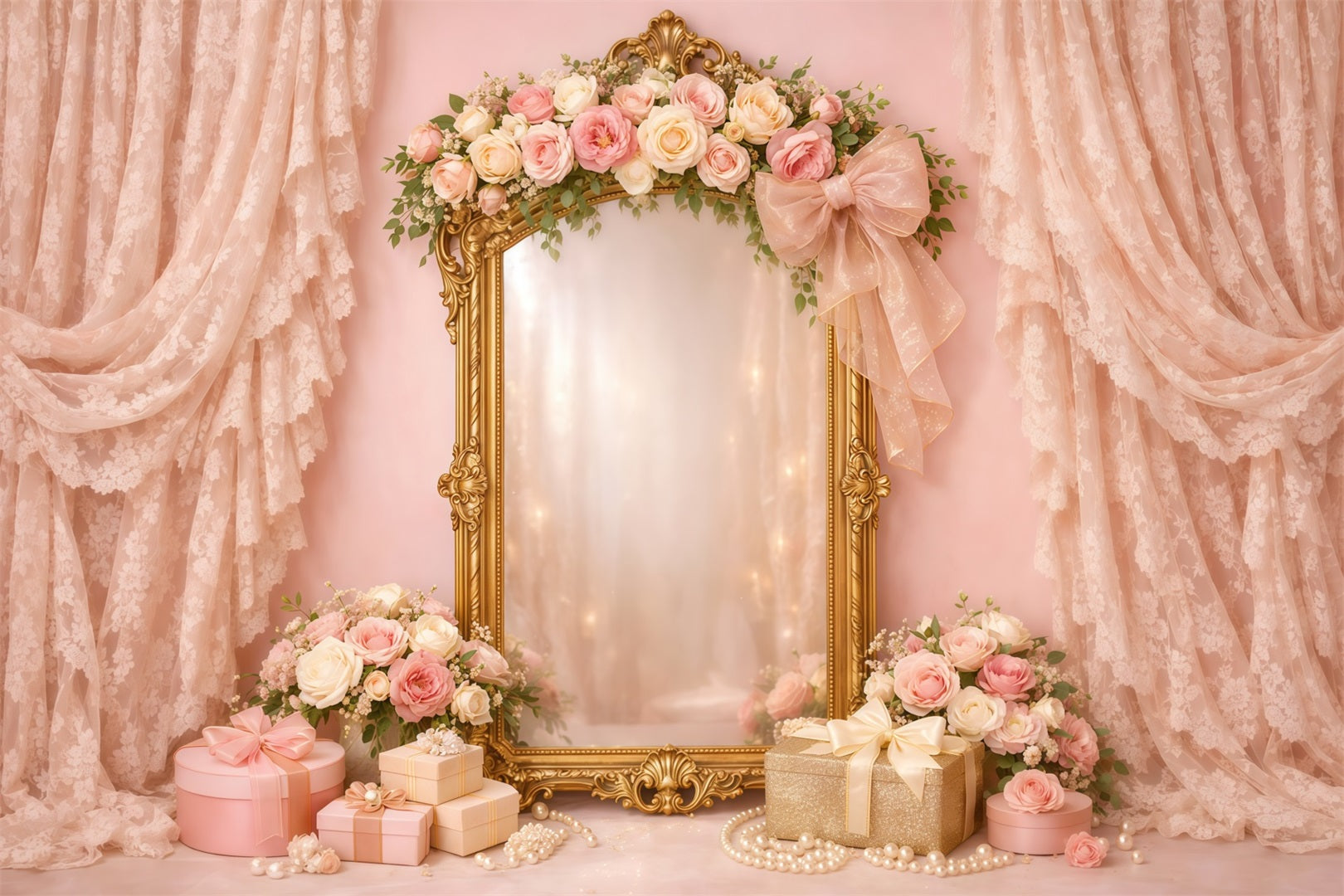 Rosa-Gold-Romantik Muttertag-Hintergrund Vintage-Spiegel mit Spitze und Blumen-Geschenk Muttertag-Hintergründe LXX63-32