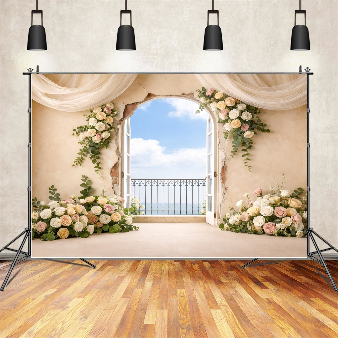 Pastell-Retro-Hintergrund zum Muttertag: Vintage-Fenster, Balkon, Blumen, Fotohintergründe zum Muttertag LXX63-39