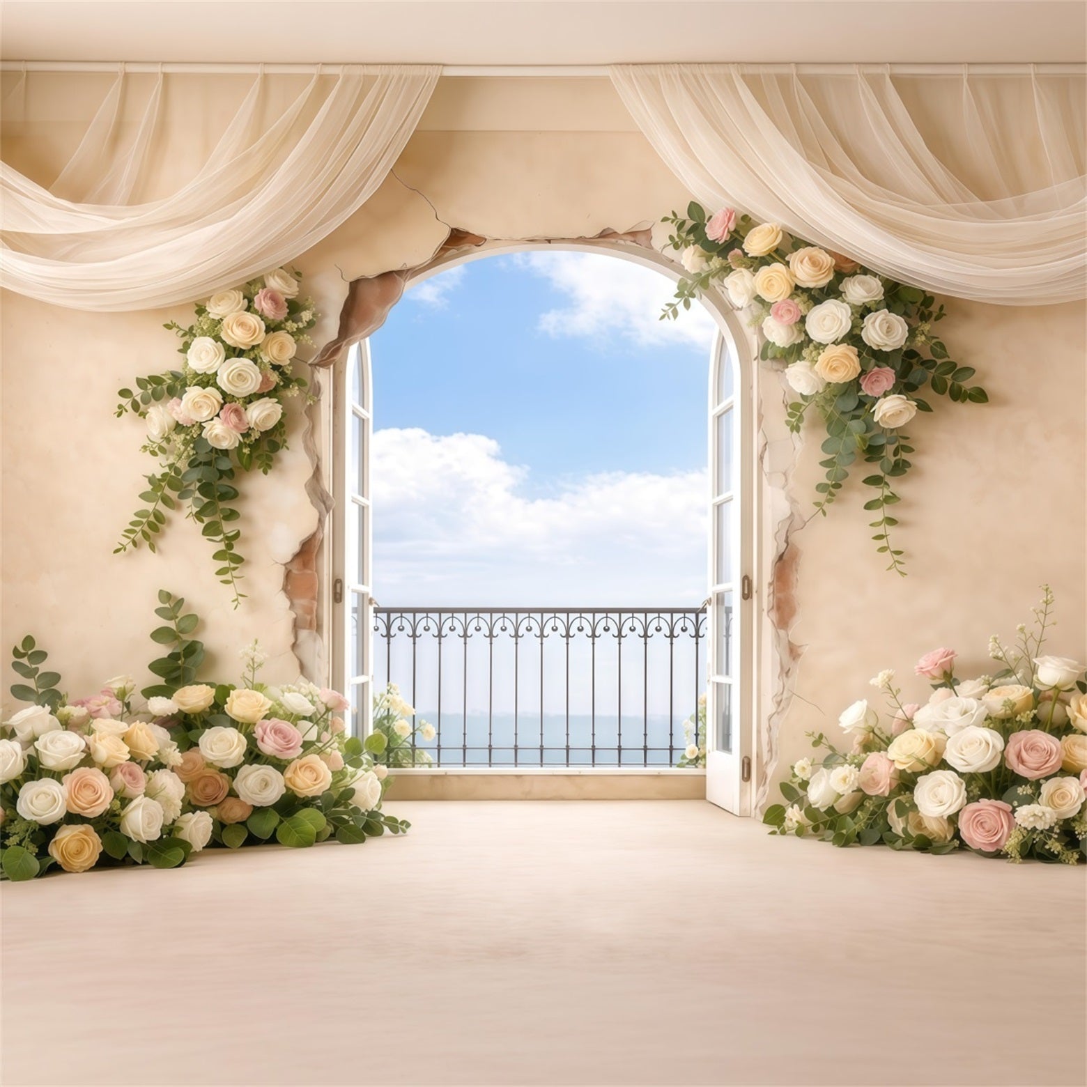 Pastell-Retro-Hintergrund zum Muttertag: Vintage-Fenster, Balkon, Blumen, Fotohintergründe zum Muttertag LXX63-39