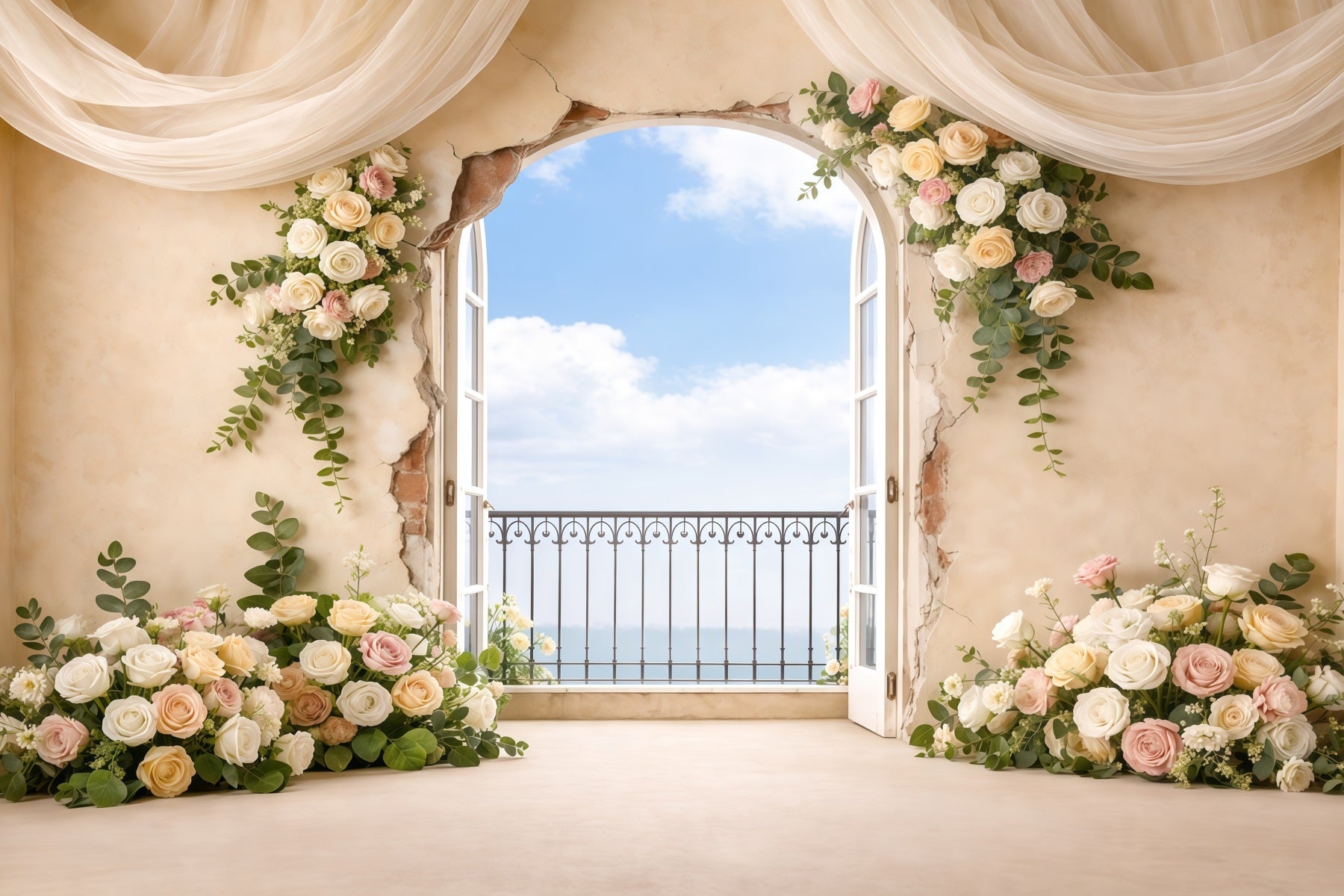 Pastell-Retro-Hintergrund zum Muttertag: Vintage-Fenster, Balkon, Blumen, Fotohintergründe zum Muttertag LXX63-39