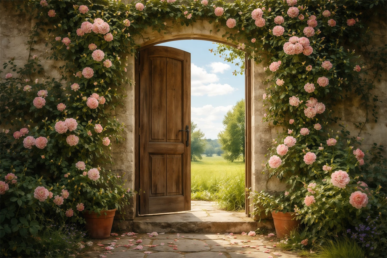 Muttertags-Porträt-Hintergrund Rustikale-Gartentür-Rosa-Rose-Muttertags-Hintergrund LXX63-4