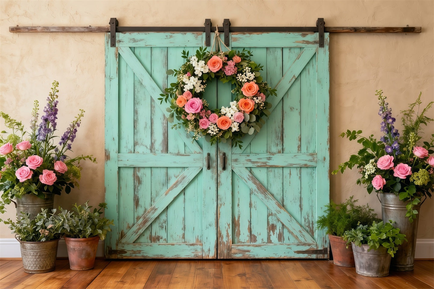 Farmhouse-Chic-Hintergrund zum Muttertag: Verwitterte blaugrüne Scheunentür mit Kranz – Fotohintergrund zum Muttertag LXX63-44