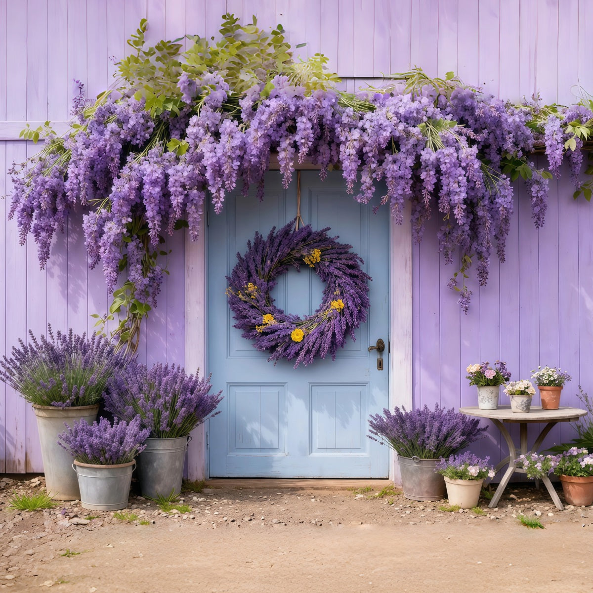 Lavendelstrauß-Hintergrund zum Muttertag: Lila Blumenkranz vor blauer Tür – Fotohintergrund zum Muttertag LXX63-45