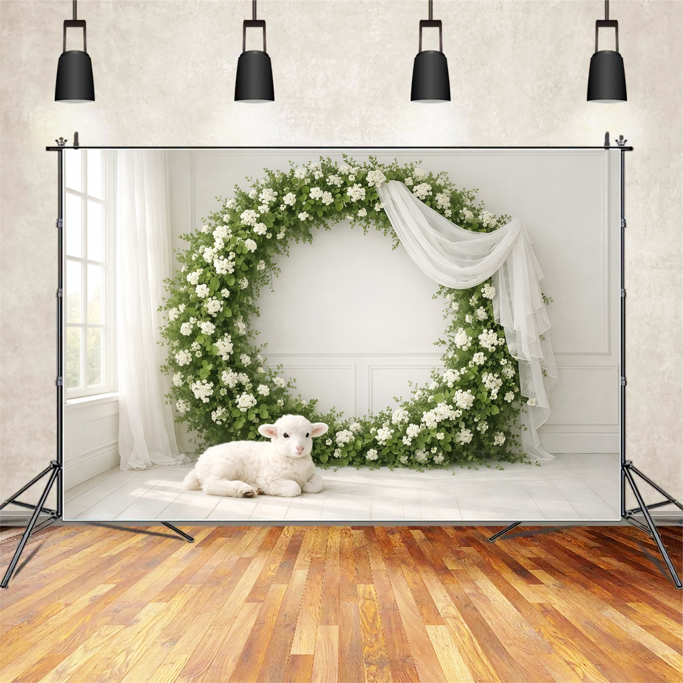 Ideen für Muttertags-Fotohintergründe für die Kirche: Blumenkranz, weißes Lamm, „Happy Mother’s Day“-Fotohintergrund LXX63-49