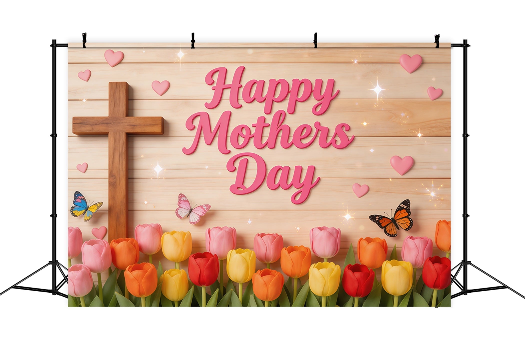 Fotohintergrund für den Muttertag in der Kirche: Tulpen, Schmetterling, Holzkreuz – Hintergründe für den Muttertag LXX63-51