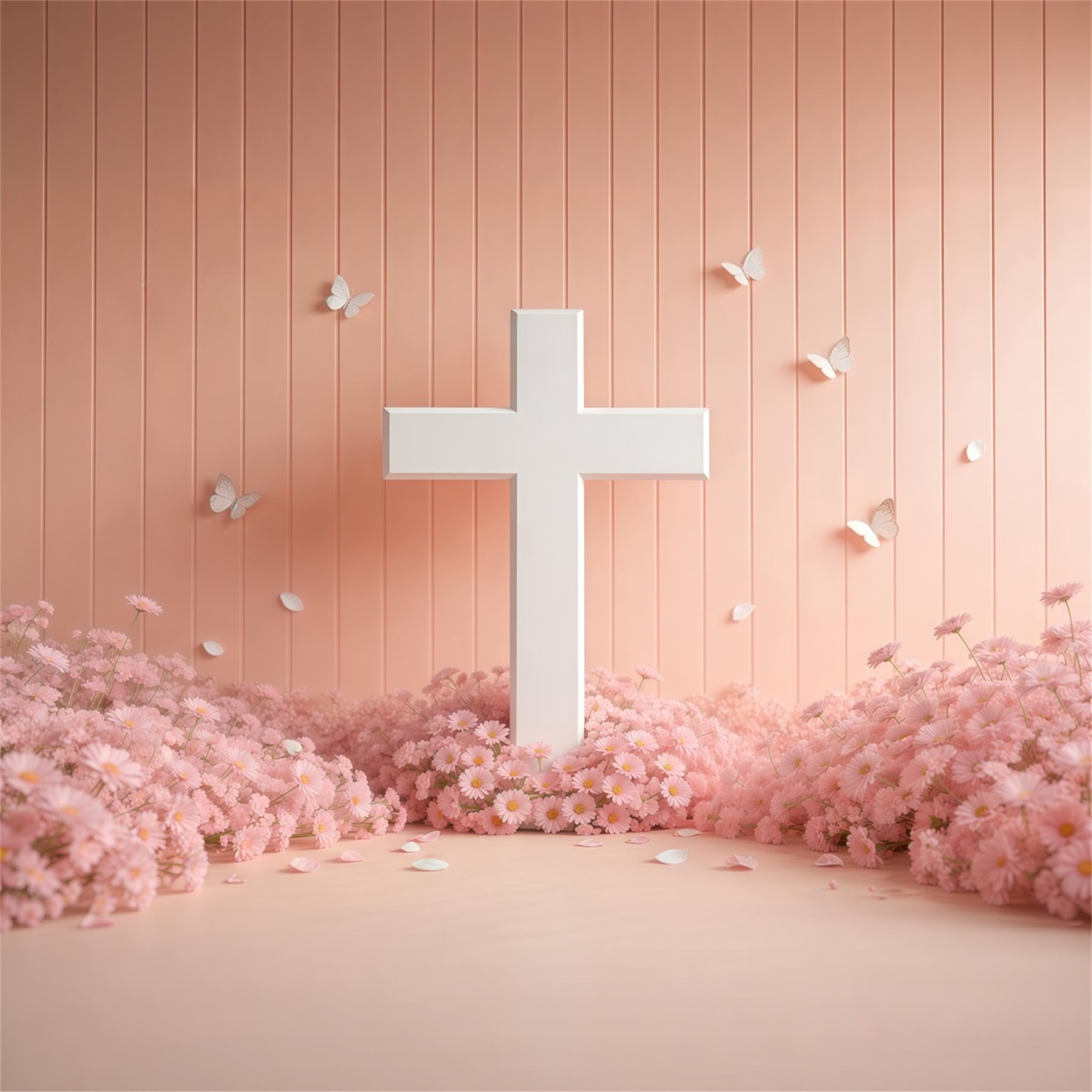Muttertags-Hintergrund für die Kirche: Weißes Kreuz, rosa Gänseblümchen, Schmetterling – Muttertags-Fotohintergründe LXX63-54