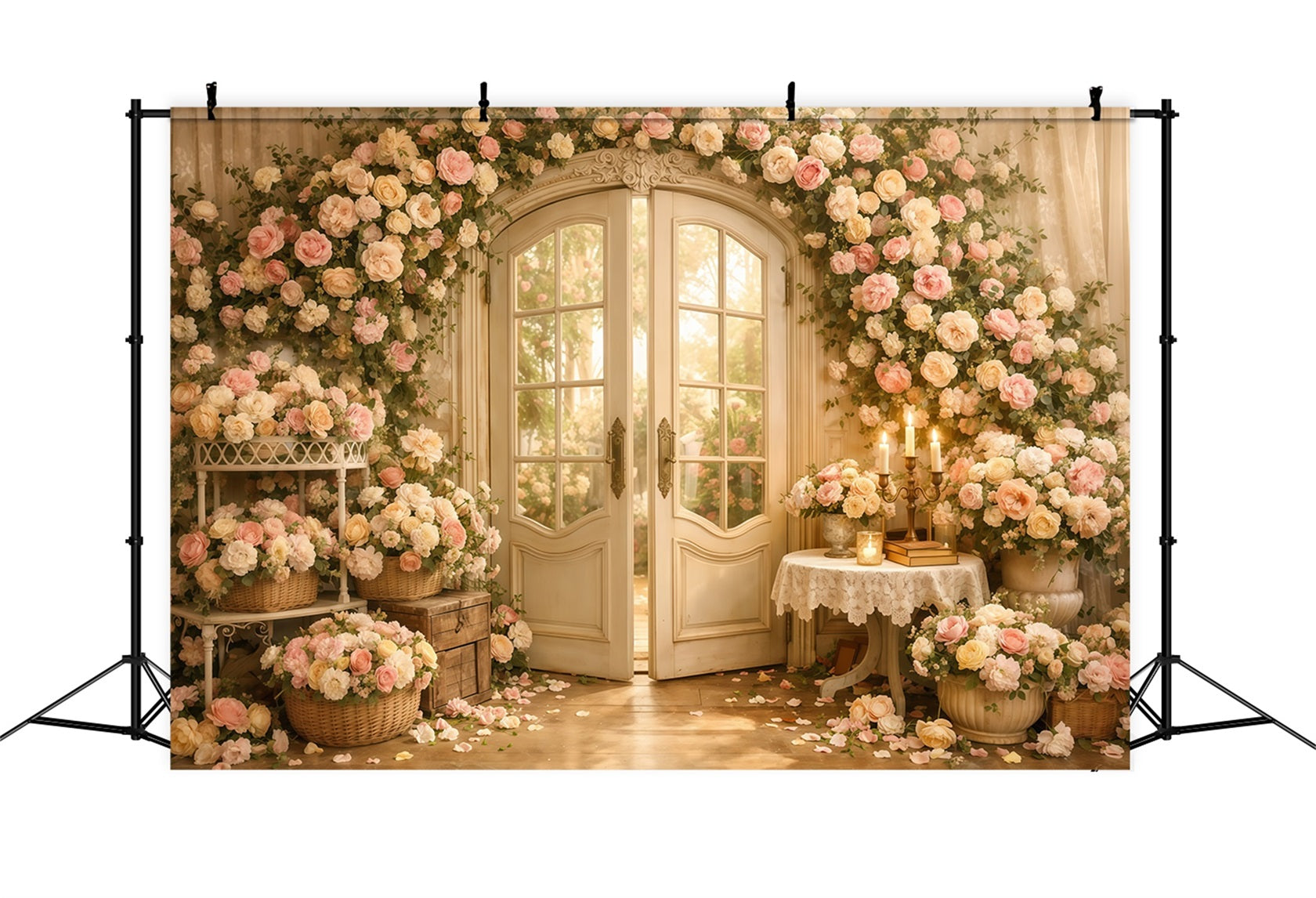Muttertags-Hintergrund mit Blumen – Romantische Blumen-Tür, Kerzen, Vintage-Hintergrund zum Muttertag LXX63-55