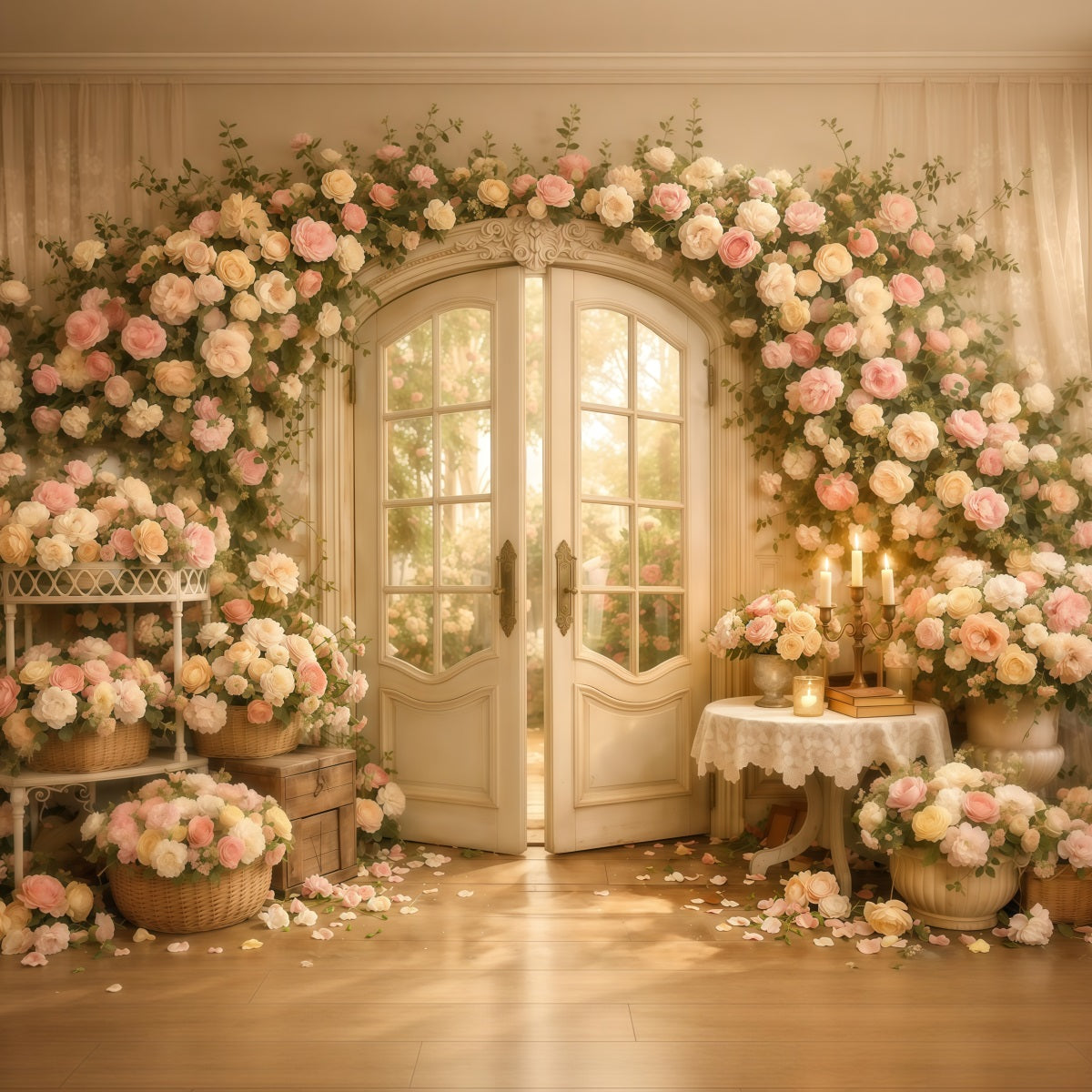 Muttertags-Hintergrund mit Blumen – Romantische Blumen-Tür, Kerzen, Vintage-Hintergrund zum Muttertag LXX63-55