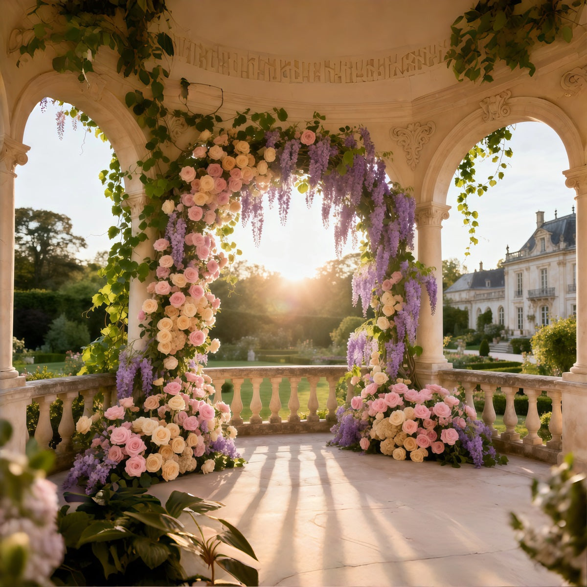 Ideen für blumige Muttertags-Hintergründe – Säulenbogen, Sonnenuntergang, Rosen, Glyzinien – Hintergrunddesign zum Muttertag LXX63-57