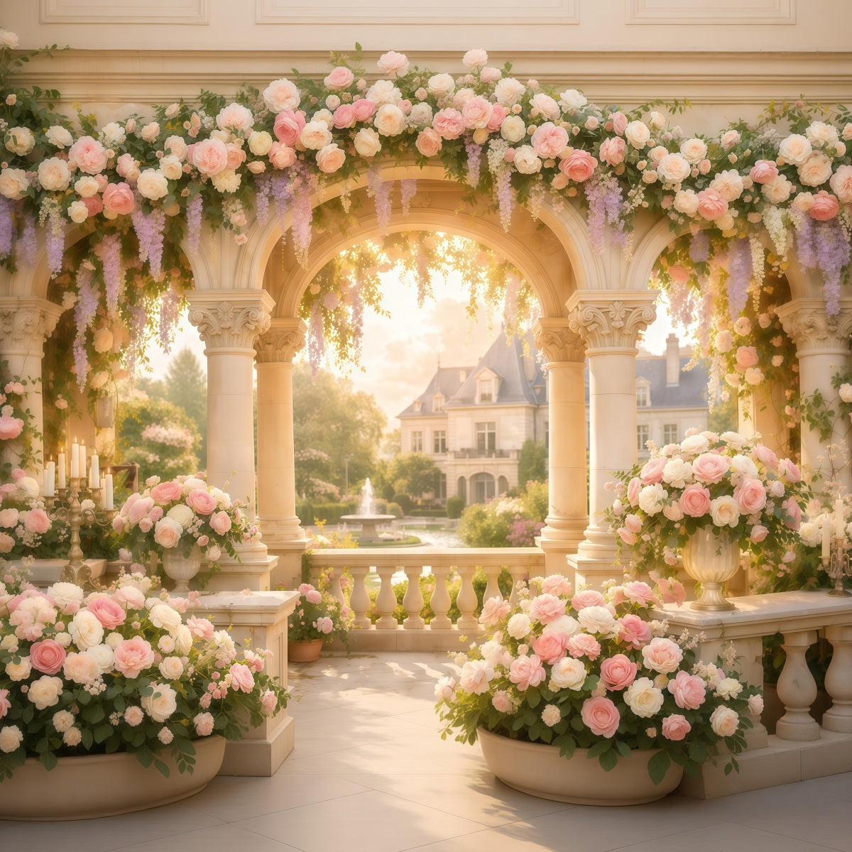 Ideen für blumige Muttertags-Hintergründe: Blumiger Säulenbogen, Springbrunnen-Hintergrunddesign für den Muttertag LXX63-58