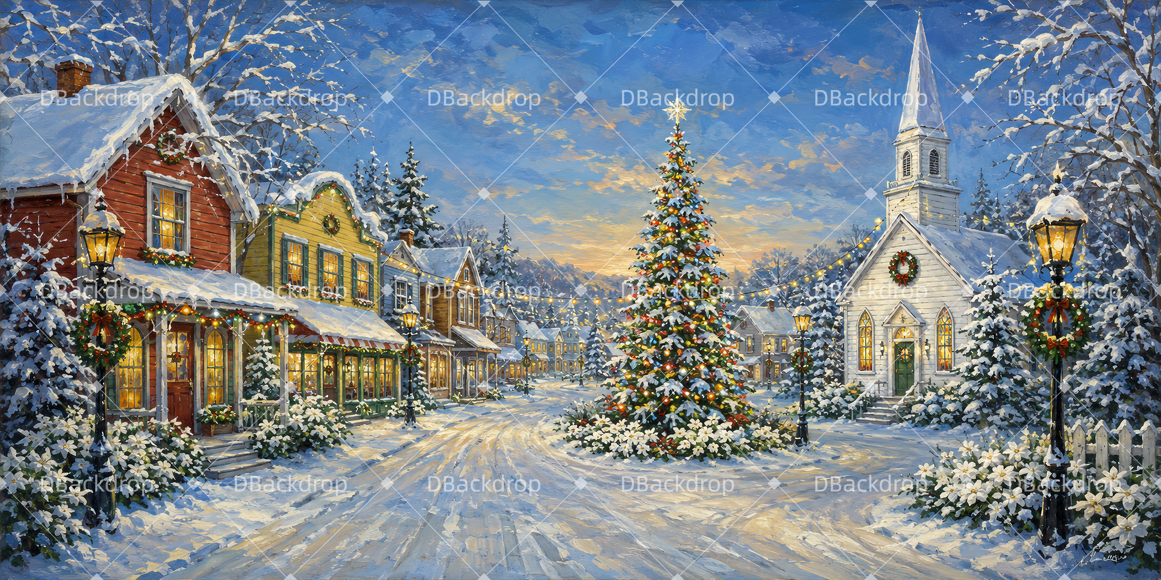 Weihnachts Bühnenhintergrund Verschneiter Dorfplatz Theaterkulisse LXX66-T67